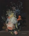 Eine Rose eine Schneeball Narzissen Iris und andere Blumen in einer Glasvase auf einem Steinsprung Jan van Huysum